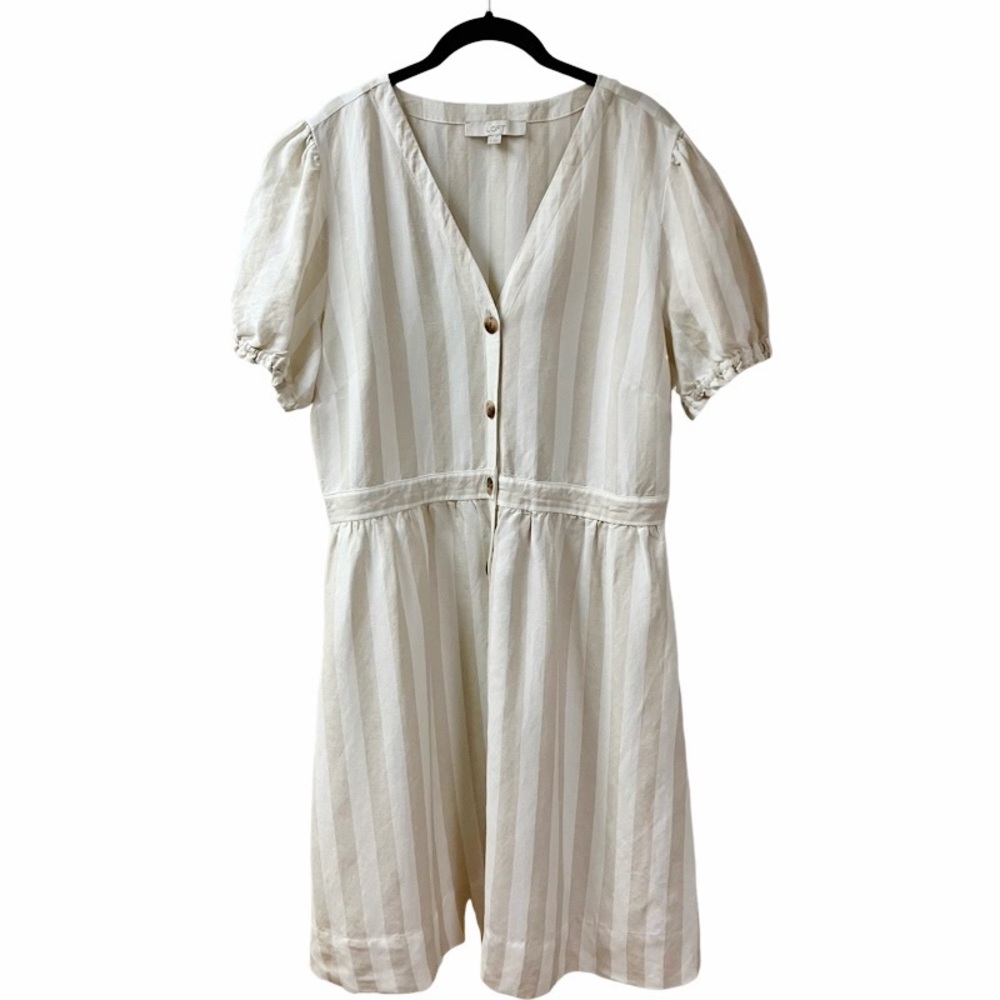 LOFT Cream and White Striped Short Sleeve Button Romper